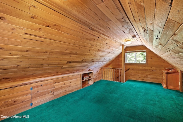 additional living space with wood ceiling, wooden walls, carpet flooring, and lofted ceiling