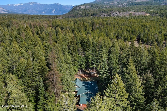 birds eye view of property with a wooded view and a mountain view