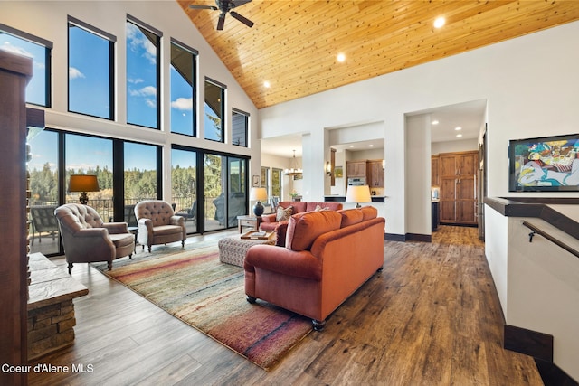 7431 E Cumberland Ct, Hayden, ID 83835 - living room with a wealth of natural light, ceiling fan, high vaulted ceiling, wooden ceiling, and wood finished floors