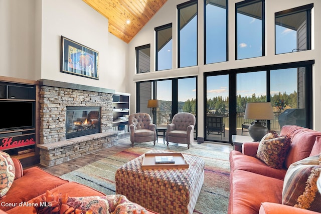 7431 E Cumberland Ct, Hayden, ID 83835 - living room with high vaulted ceiling, a fireplace, wooden ceiling, and wood finished floors