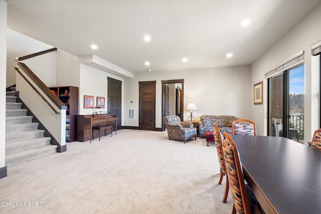 7431 E Cumberland Ct, Hayden, ID 83835 - dining room with visible vents, stairway, recessed lighting, and light carpet