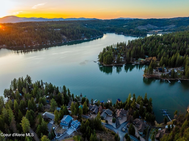 7431 E Cumberland Ct, Hayden, ID 83835 - aerial view at dusk with a forest view and a water and mountain view