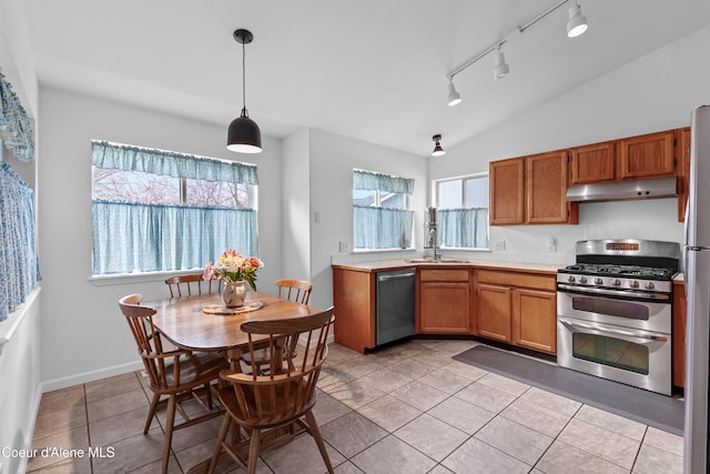 5660 N Loraine St, Coeur Dalene, ID 83815 - kitchen with vaulted ceiling, track lighting, under cabinet range hood, appliances with stainless steel finishes, and a sink