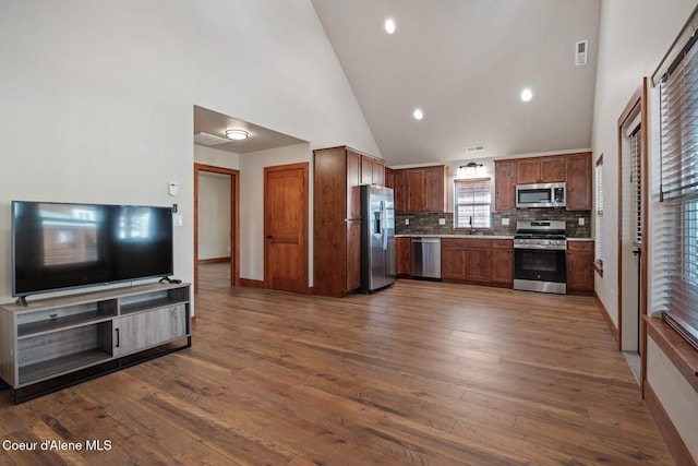 45 Welty Dr, Dover, ID 83825 - kitchen featuring a sink, high vaulted ceiling, appliances with stainless steel finishes, and dark wood-style flooring