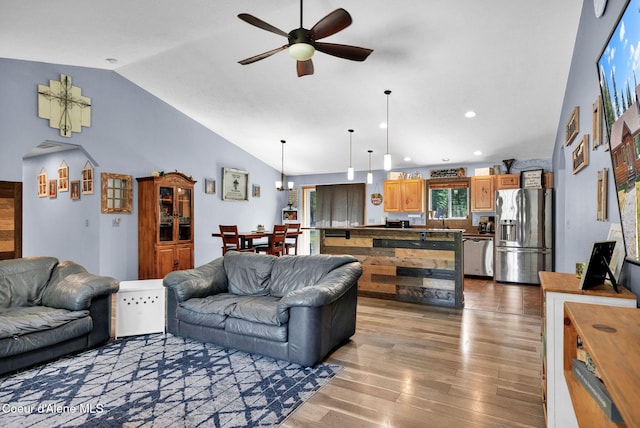 181 E Deer Meadow Ln, Blanchard, ID 83804 - living room with recessed lighting, a ceiling fan, wood finished floors, and vaulted ceiling