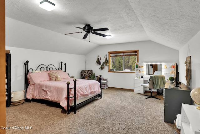 181 E Deer Meadow Ln, Blanchard, ID 83804 - carpeted bedroom with a ceiling fan, a textured ceiling, and lofted ceiling
