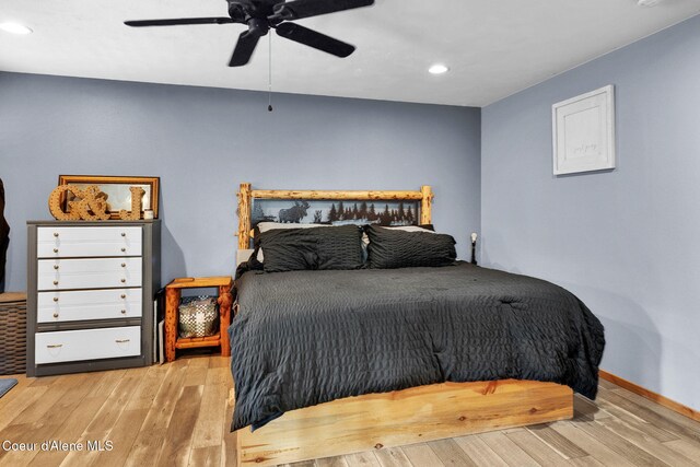 181 E Deer Meadow Ln, Blanchard, ID 83804 - bedroom featuring wood finished floors, baseboards, a ceiling fan, and recessed lighting