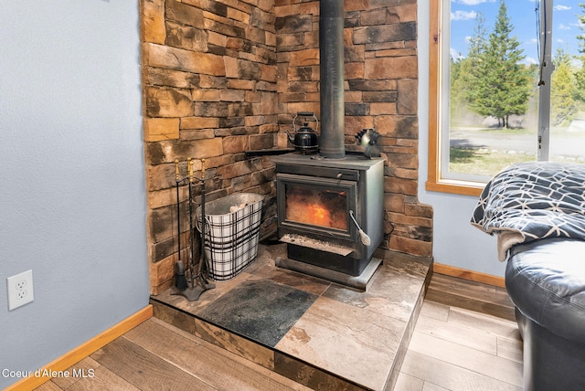 181 E Deer Meadow Ln, Blanchard, ID 83804 - details featuring a wood stove, baseboards, and wood finished floors