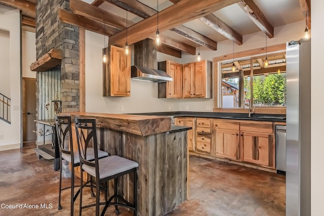 164 Generations Dr, Athol, ID 83801 - kitchen featuring beamed ceiling, concrete floors, a sink, and dark countertops