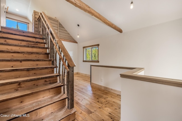 164 Generations Dr, Athol, ID 83801 - stairs featuring recessed lighting, hardwood / wood-style floors, and lofted ceiling with beams