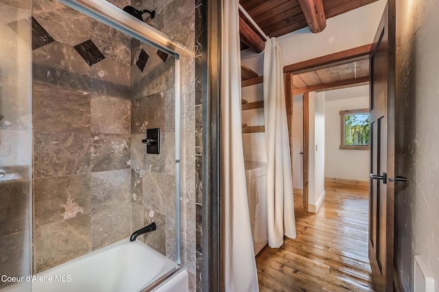 164 Generations Dr, Athol, ID 83801 - bathroom with baseboards, hardwood / wood-style flooring, and shower / bath combination with glass door