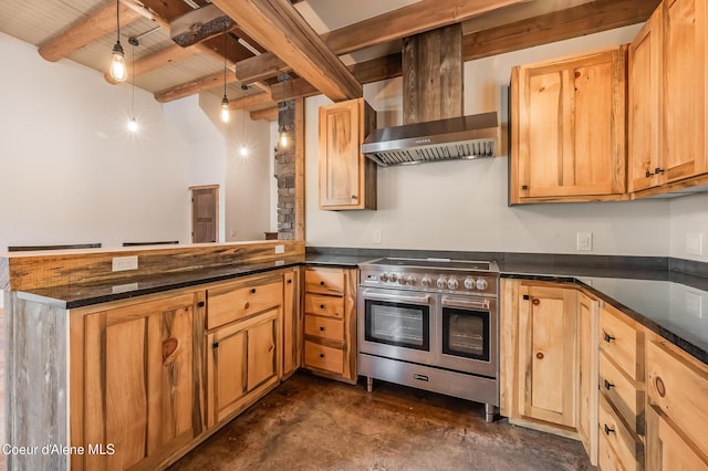 164 Generations Dr, Athol, ID 83801 - kitchen with beamed ceiling, concrete floors, wall chimney range hood, wooden ceiling, and range with two ovens