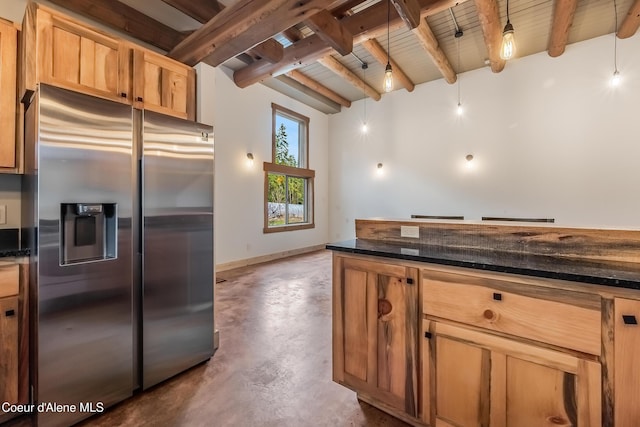 164 Generations Dr, Athol, ID 83801 - kitchen featuring beam ceiling, stainless steel refrigerator with ice dispenser, finished concrete flooring, and wood ceiling