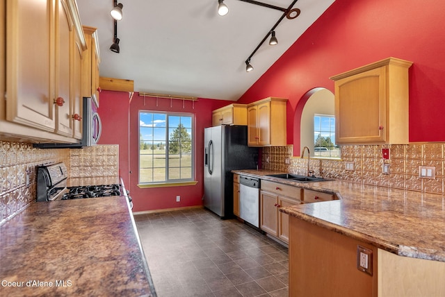 2996 E Briar Ct, Athol, ID 83801 - kitchen featuring vaulted ceiling, a sink, decorative backsplash, stainless steel appliances, and rail lighting
