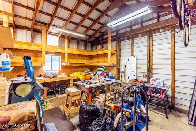 garage with a workshop area
