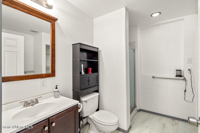 full bath featuring visible vents, toilet, vanity, marble finish floor, and a stall shower