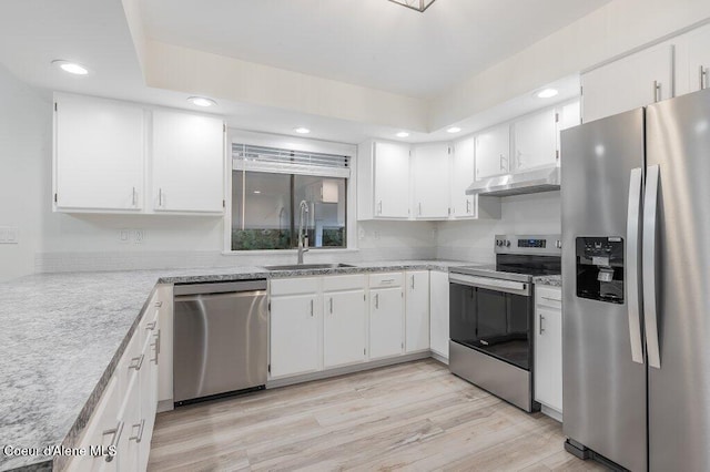 kitchen featuring a sink, recessed lighting, under cabinet range hood, white cabinetry, and appliances with stainless steel finishes
