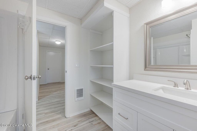 interior space featuring light wood finished floors, visible vents, and a sink
