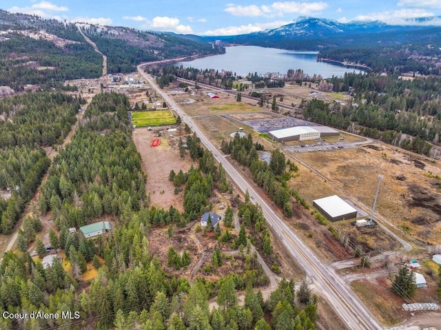 bird's eye view with a forest view and a water and mountain view