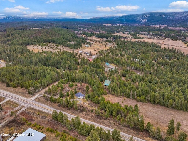 drone / aerial view with a forest view and a mountain view