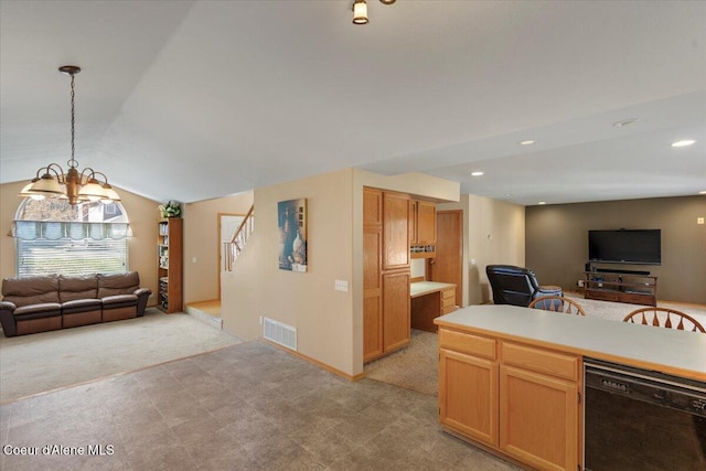 kitchen with open floor plan, light countertops, black dishwasher, and light carpet