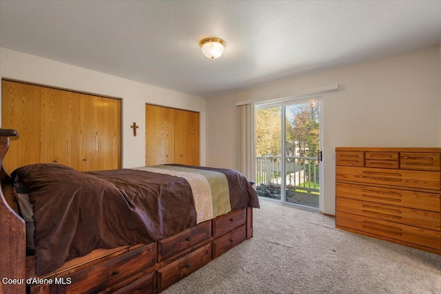carpeted bedroom with access to outside and multiple closets