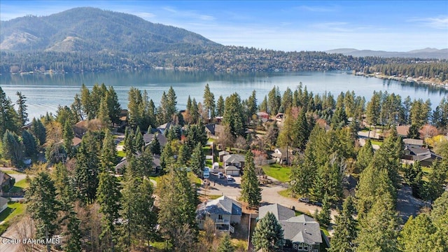 aerial view with a wooded view, a water and mountain view, and a residential view