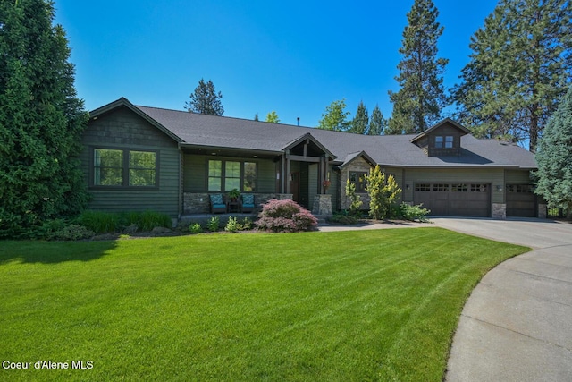 4860 N Cuprum Ct, Coeur Dalene, ID 83815 - view of front of property featuring stone siding, concrete driveway, a front lawn, covered porch, and an attached garage
