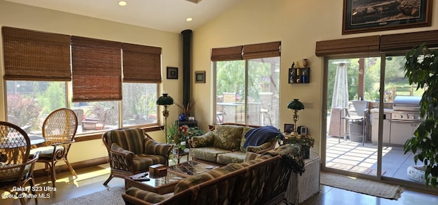 living room featuring high vaulted ceiling and recessed lighting