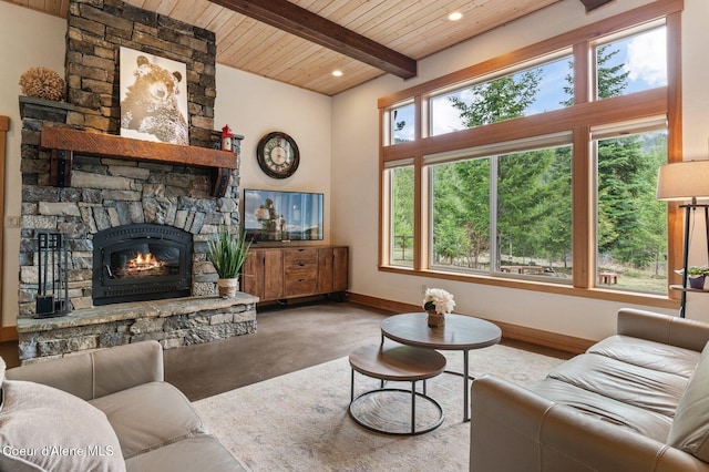 137 Bitterroot Pass, Sagle, ID 83860 - living room with baseboards, a stone fireplace, recessed lighting, finished concrete flooring, and wood ceiling
