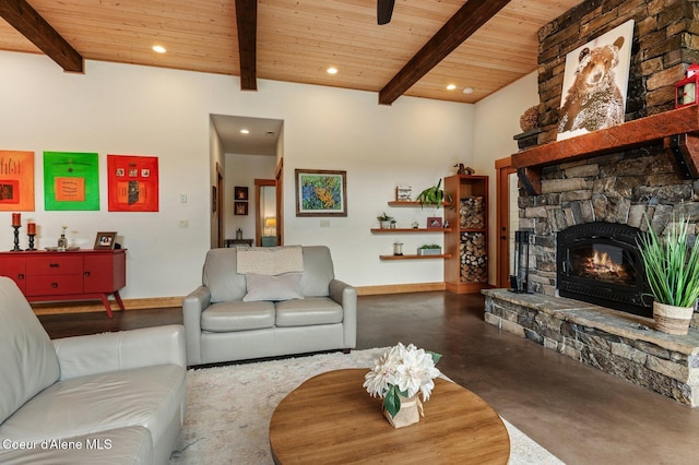 137 Bitterroot Pass, Sagle, ID 83860 - living area featuring beam ceiling, recessed lighting, finished concrete floors, and wood ceiling
