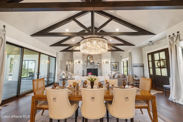 dining room featuring visible vents, an inviting chandelier, dark wood finished floors, beamed ceiling, and recessed lighting