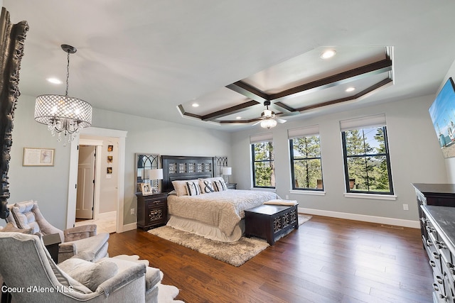 bedroom with coffered ceiling, baseboards, dark wood-style floors, and recessed lighting