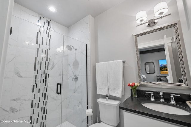 full bath with toilet, a marble finish shower, vanity, and recessed lighting