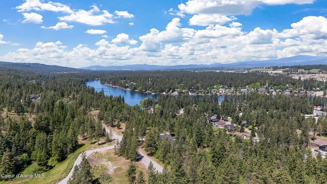 drone / aerial view with a forest view and a water and mountain view