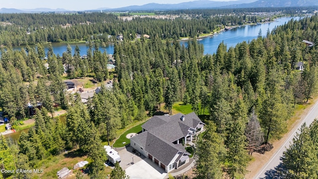 birds eye view of property featuring a view of trees and a water and mountain view