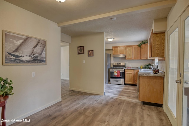 1813 N Spokane St, Post Falls, ID 83854 - kitchen featuring a sink, light wood-style flooring, under cabinet range hood, and stainless steel appliances