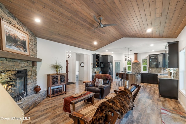 26 Hanaford Rd, Blanchard, ID 83804 - living area with vaulted ceiling, wooden ceiling, wood finished floors, a fireplace, and a ceiling fan