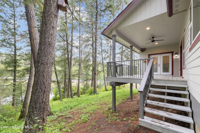 26 Hanaford Rd, Blanchard, ID 83804 - view of yard featuring ceiling fan, a deck, and french doors