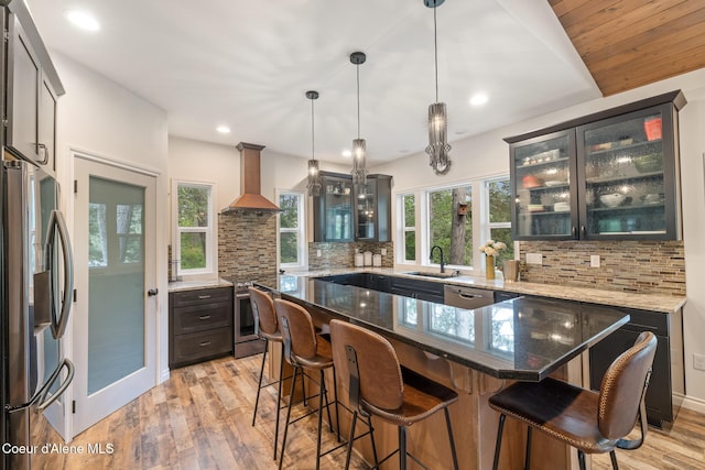 26 Hanaford Rd, Blanchard, ID 83804 - kitchen featuring stainless steel appliances, wall chimney range hood, a sink, light wood-style floors, and recessed lighting