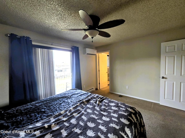 carpeted bedroom featuring a baseboard radiator, baseboards, a textured ceiling, and a wall unit AC