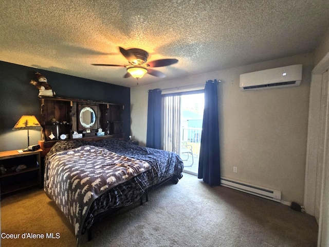 bedroom featuring a baseboard heating unit, a textured ceiling, a wall mounted AC, and carpet