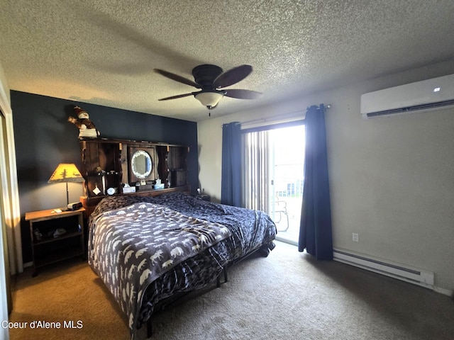 carpeted bedroom featuring a baseboard heating unit, a wall mounted AC, a textured ceiling, and ceiling fan