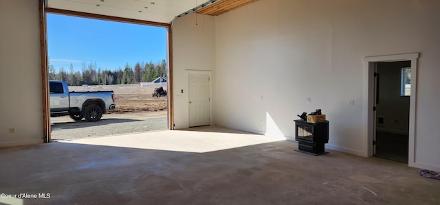 garage featuring a wood stove