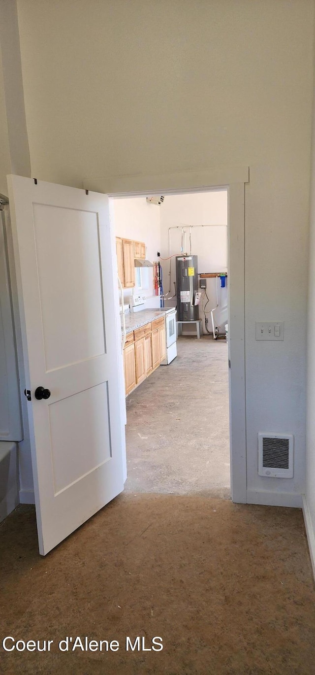 hall featuring water heater and visible vents