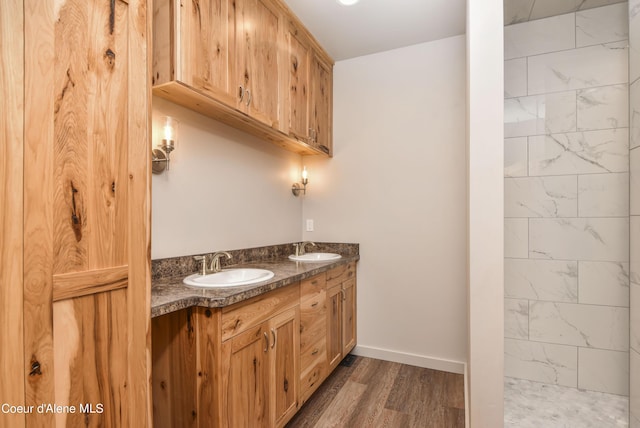 bathroom featuring double vanity, wood finished floors, baseboards, and a sink