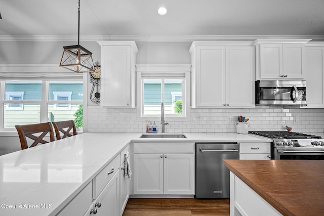 kitchen with stainless steel appliances, ornamental molding, a sink, and white cabinetry