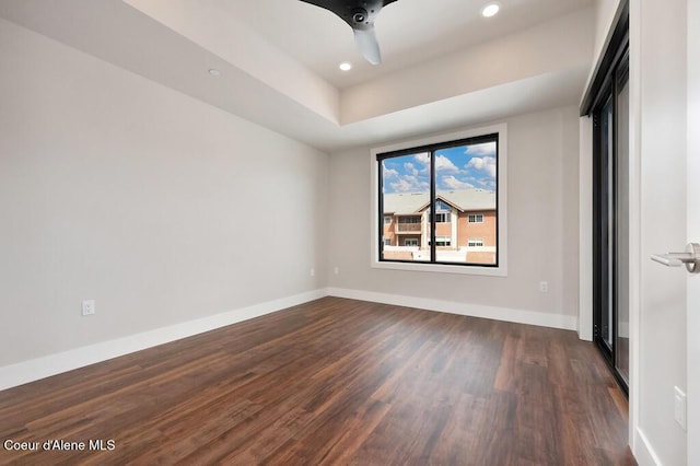 1579 W Riverstone Dr # 306, Coeur Dalene, ID 83814 - empty room featuring baseboards, dark wood-style floors, recessed lighting, and ceiling fan