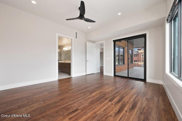 1579 W Riverstone Dr # 306, Coeur Dalene, ID 83814 - unfurnished bedroom with dark wood-style flooring, baseboards, recessed lighting, a ceiling fan, and access to outside