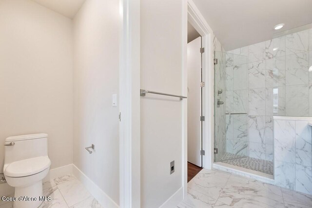 1579 W Riverstone Dr # 306, Coeur Dalene, ID 83814 - full bathroom featuring a marble finish shower, marble finish floor, baseboards, toilet, and recessed lighting